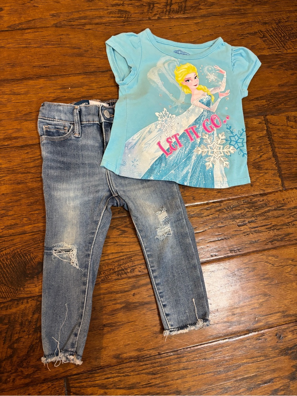 Disney Elsa Aqua 'Let It Go' Graphic Tee with Distressed Blue Jeans